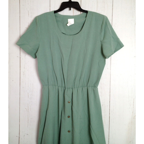 Vintage Dress 14 Sage Green Short Sleeve Button Front Shirtwaist Style Kellwood - Picture 2 of 7